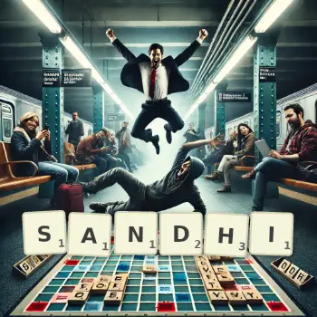 Kreative Illustration für ein Scrabble-Spiel, bei dem das Wort SANDHI mit Steinen auf dem Brett gelegt wurde.