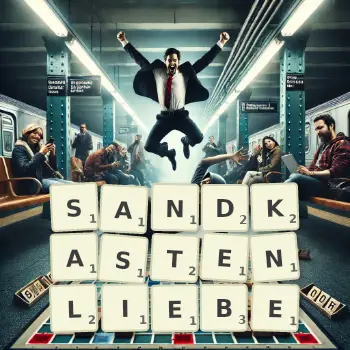 Kreative Illustration für ein Scrabble-Spiel, bei dem das Wort SANDKASTENLIEBE mit Steinen auf dem Brett gelegt wurde.