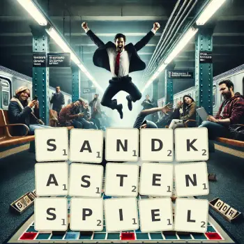 Kreative Illustration für ein Scrabble-Spiel, bei dem das Wort SANDKASTENSPIEL mit Steinen auf dem Brett gelegt wurde.