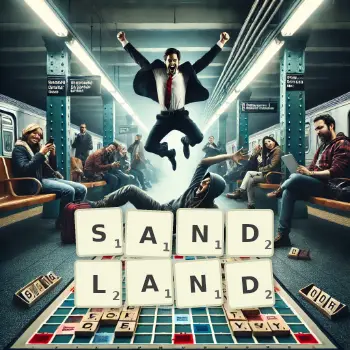 Kreative Illustration für ein Scrabble-Spiel, bei dem das Wort SANDLAND mit Steinen auf dem Brett gelegt wurde.