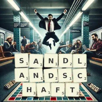 Kreative Illustration für ein Scrabble-Spiel, bei dem das Wort SANDLANDSCHAFT mit Steinen auf dem Brett gelegt wurde.