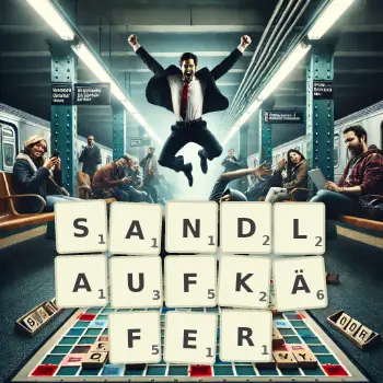 Kreative Illustration für ein Scrabble-Spiel, bei dem das Wort SANDLAUFKÄFER mit Steinen auf dem Brett gelegt wurde.