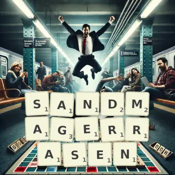 Kreative Illustration für ein Scrabble-Spiel, bei dem das Wort SANDMAGERRASEN mit Steinen auf dem Brett gelegt wurde.