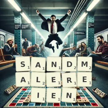 Kreative Illustration für ein Scrabble-Spiel, bei dem das Wort SANDMALEREIEN mit Steinen auf dem Brett gelegt wurde.