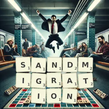 Kreative Illustration für ein Scrabble-Spiel, bei dem das Wort SANDMIGRATION mit Steinen auf dem Brett gelegt wurde.