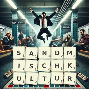 Kreative Illustration für ein Scrabble-Spiel, bei dem das Wort SANDMISCHKULTUR mit Steinen auf dem Brett gelegt wurde.