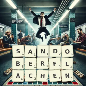 Kreative Illustration für ein Scrabble-Spiel, bei dem das Wort SANDOBERFLÄCHEN mit Steinen auf dem Brett gelegt wurde.