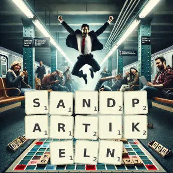 Kreative Illustration für ein Scrabble-Spiel, bei dem das Wort SANDPARTIKELN mit Steinen auf dem Brett gelegt wurde.