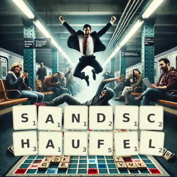 Kreative Illustration für ein Scrabble-Spiel, bei dem das Wort SANDSCHAUFEL mit Steinen auf dem Brett gelegt wurde.
