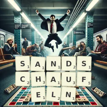 Kreative Illustration für ein Scrabble-Spiel, bei dem das Wort SANDSCHAUFELN mit Steinen auf dem Brett gelegt wurde.