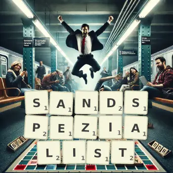 Kreative Illustration für ein Scrabble-Spiel, bei dem das Wort SANDSPEZIALIST mit Steinen auf dem Brett gelegt wurde.