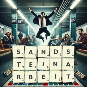 Kreative Illustration für ein Scrabble-Spiel, bei dem das Wort SANDSTEINARBEIT mit Steinen auf dem Brett gelegt wurde.