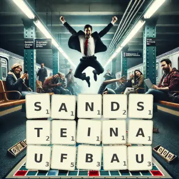 Kreative Illustration für ein Scrabble-Spiel, bei dem das Wort SANDSTEINAUFBAU mit Steinen auf dem Brett gelegt wurde.