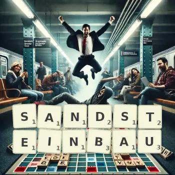 Kreative Illustration für ein Scrabble-Spiel, bei dem das Wort SANDSTEINBAU mit Steinen auf dem Brett gelegt wurde.