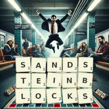 Kreative Illustration für ein Scrabble-Spiel, bei dem das Wort SANDSTEINBLOCKS mit Steinen auf dem Brett gelegt wurde.