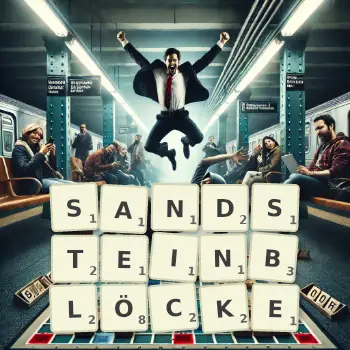 Kreative Illustration für ein Scrabble-Spiel, bei dem das Wort SANDSTEINBLÖCKE mit Steinen auf dem Brett gelegt wurde.