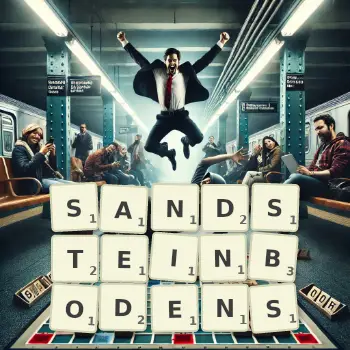 Kreative Illustration für ein Scrabble-Spiel, bei dem das Wort SANDSTEINBODENS mit Steinen auf dem Brett gelegt wurde.