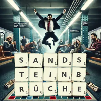 Kreative Illustration für ein Scrabble-Spiel, bei dem das Wort SANDSTEINBRÜCHE mit Steinen auf dem Brett gelegt wurde.