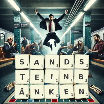 Kreative Illustration für ein Scrabble-Spiel, bei dem das Wort SANDSTEINBÄNKEN mit Steinen auf dem Brett gelegt wurde.