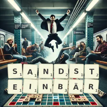 Kreative Illustration für ein Scrabble-Spiel, bei dem das Wort SANDSTEINBÄR mit Steinen auf dem Brett gelegt wurde.