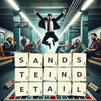 Kreative Illustration für ein Scrabble-Spiel, bei dem das Wort SANDSTEINDETAIL mit Steinen auf dem Brett gelegt wurde.