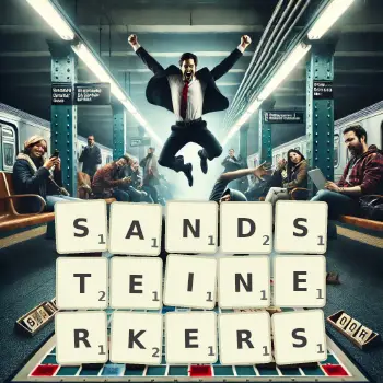 Kreative Illustration für ein Scrabble-Spiel, bei dem das Wort SANDSTEINERKERS mit Steinen auf dem Brett gelegt wurde.