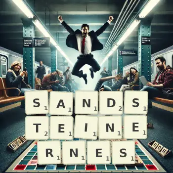 Kreative Illustration für ein Scrabble-Spiel, bei dem das Wort SANDSTEINERNES mit Steinen auf dem Brett gelegt wurde.