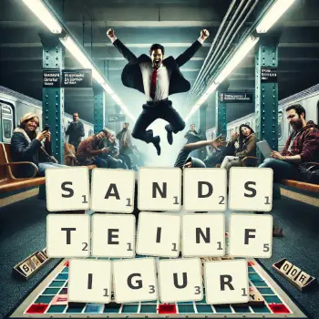 Kreative Illustration für ein Scrabble-Spiel, bei dem das Wort SANDSTEINFIGUR mit Steinen auf dem Brett gelegt wurde.