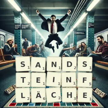 Kreative Illustration für ein Scrabble-Spiel, bei dem das Wort SANDSTEINFLÄCHE mit Steinen auf dem Brett gelegt wurde.