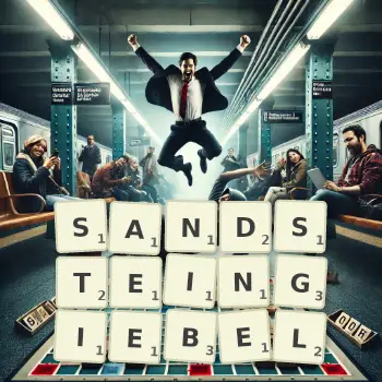 Kreative Illustration für ein Scrabble-Spiel, bei dem das Wort SANDSTEINGIEBEL mit Steinen auf dem Brett gelegt wurde.