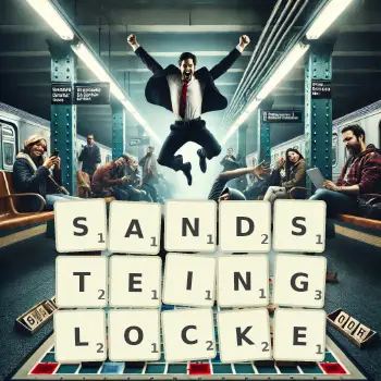 Kreative Illustration für ein Scrabble-Spiel, bei dem das Wort SANDSTEINGLOCKE mit Steinen auf dem Brett gelegt wurde.