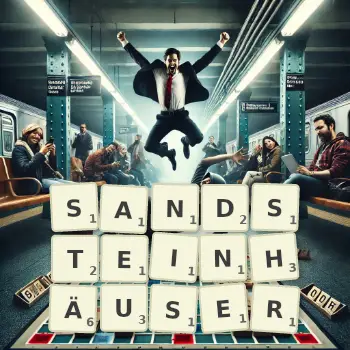 Kreative Illustration für ein Scrabble-Spiel, bei dem das Wort SANDSTEINHÄUSER mit Steinen auf dem Brett gelegt wurde.