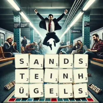 Kreative Illustration für ein Scrabble-Spiel, bei dem das Wort SANDSTEINHÜGELS mit Steinen auf dem Brett gelegt wurde.