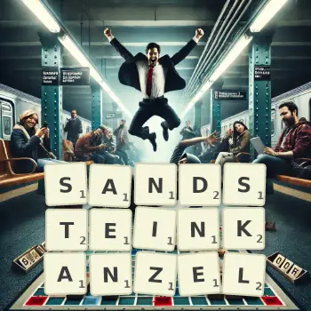 Kreative Illustration für ein Scrabble-Spiel, bei dem das Wort SANDSTEINKANZEL mit Steinen auf dem Brett gelegt wurde.