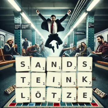 Kreative Illustration für ein Scrabble-Spiel, bei dem das Wort SANDSTEINKLÖTZE mit Steinen auf dem Brett gelegt wurde.