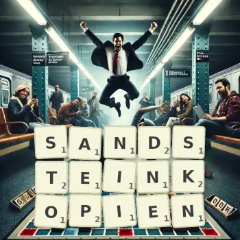 Kreative Illustration für ein Scrabble-Spiel, bei dem das Wort SANDSTEINKOPIEN mit Steinen auf dem Brett gelegt wurde.