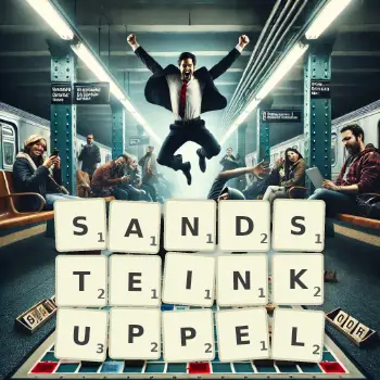 Kreative Illustration für ein Scrabble-Spiel, bei dem das Wort SANDSTEINKUPPEL mit Steinen auf dem Brett gelegt wurde.