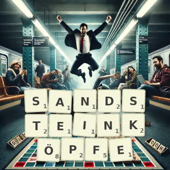 Kreative Illustration für ein Scrabble-Spiel, bei dem das Wort SANDSTEINKÖPFE mit Steinen auf dem Brett gelegt wurde.