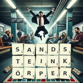 Kreative Illustration für ein Scrabble-Spiel, bei dem das Wort SANDSTEINKÖRPER mit Steinen auf dem Brett gelegt wurde.