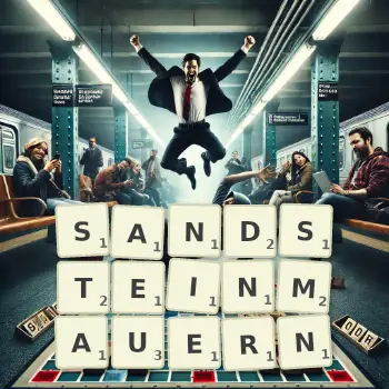 Kreative Illustration für ein Scrabble-Spiel, bei dem das Wort SANDSTEINMAUERN mit Steinen auf dem Brett gelegt wurde.