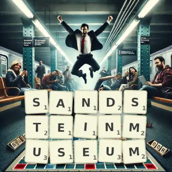 Kreative Illustration für ein Scrabble-Spiel, bei dem das Wort SANDSTEINMUSEUM mit Steinen auf dem Brett gelegt wurde.
