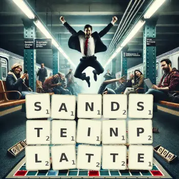 Kreative Illustration für ein Scrabble-Spiel, bei dem das Wort SANDSTEINPLATTE mit Steinen auf dem Brett gelegt wurde.