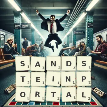 Kreative Illustration für ein Scrabble-Spiel, bei dem das Wort SANDSTEINPORTAL mit Steinen auf dem Brett gelegt wurde.