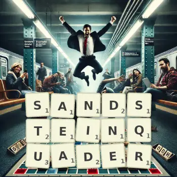 Kreative Illustration für ein Scrabble-Spiel, bei dem das Wort SANDSTEINQUADER mit Steinen auf dem Brett gelegt wurde.