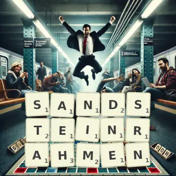 Kreative Illustration für ein Scrabble-Spiel, bei dem das Wort SANDSTEINRAHMEN mit Steinen auf dem Brett gelegt wurde.