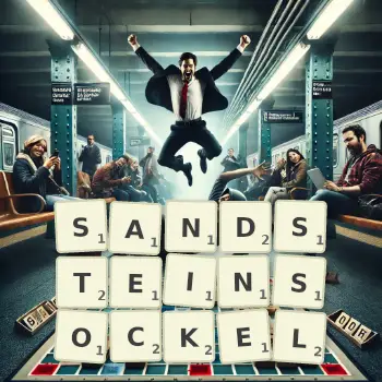 Kreative Illustration für ein Scrabble-Spiel, bei dem das Wort SANDSTEINSOCKEL mit Steinen auf dem Brett gelegt wurde.