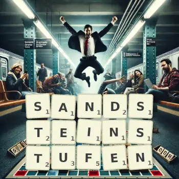 Kreative Illustration für ein Scrabble-Spiel, bei dem das Wort SANDSTEINSTUFEN mit Steinen auf dem Brett gelegt wurde.