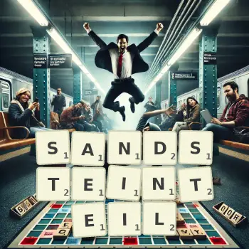 Kreative Illustration für ein Scrabble-Spiel, bei dem das Wort SANDSTEINTEIL mit Steinen auf dem Brett gelegt wurde.