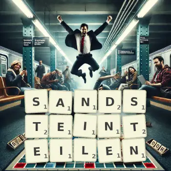 Kreative Illustration für ein Scrabble-Spiel, bei dem das Wort SANDSTEINTEILEN mit Steinen auf dem Brett gelegt wurde.