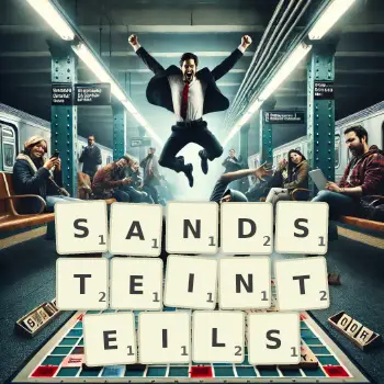 Kreative Illustration für ein Scrabble-Spiel, bei dem das Wort SANDSTEINTEILS mit Steinen auf dem Brett gelegt wurde.